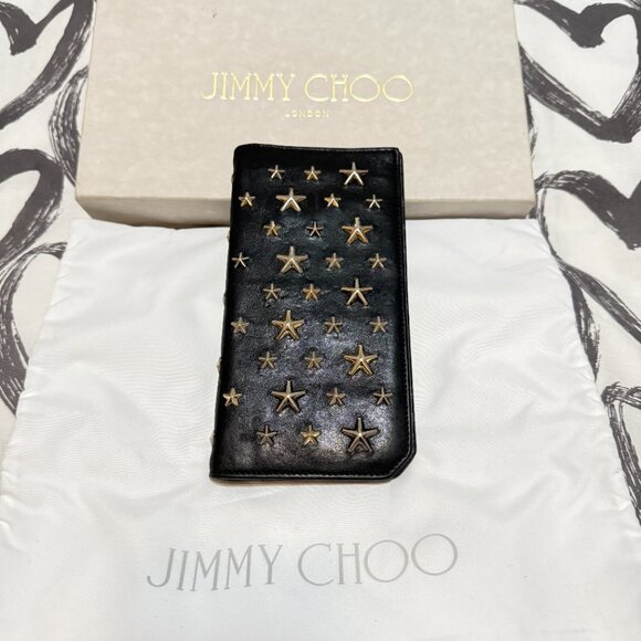 $1095 Authentic JIMMY CHOO Made in ITALY Star Studs Black Leather Bifold Wallet - Picture 1 of 12